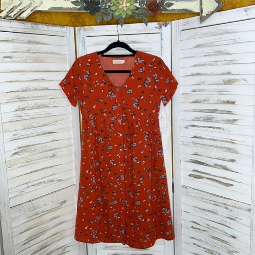 Roolee Orange Multi Floral V-Neck Short Sleeve Mini Baby Doll Dress Size XS